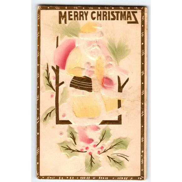 Santa Claus Christmas Postcard Airbrushed Embossed Holding Tree Toys Vintage - Picture 1 of 2